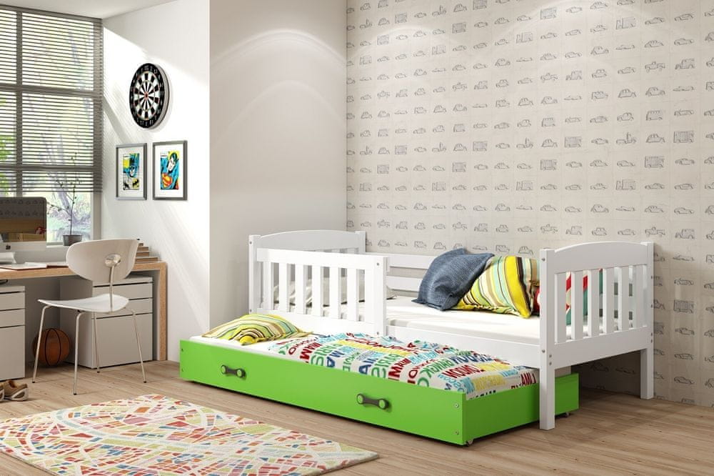 eoshop Detská posteľ Kubus - 2 osoby, 80x190 s výsuvnou prístelkou - Biela, Zelená